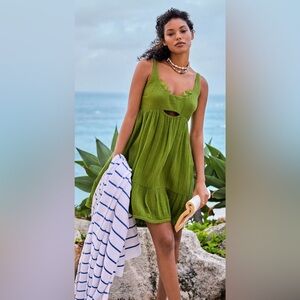 Anthropologie Tiered Gauze Mini Dress Green Medium